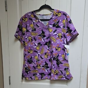 Looney Tunes Women Large Halloween Tweetie Trick Treat Purple Nurse Scrubs Top